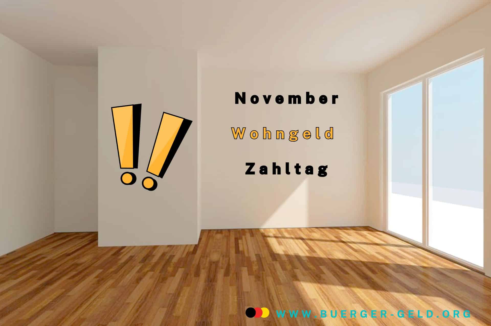 Leere Wohnung mit Schrift an der Wand: Wohngeld November