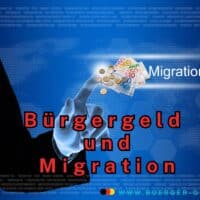 Finger neben dem Wort "Migration" und Geldscheinen