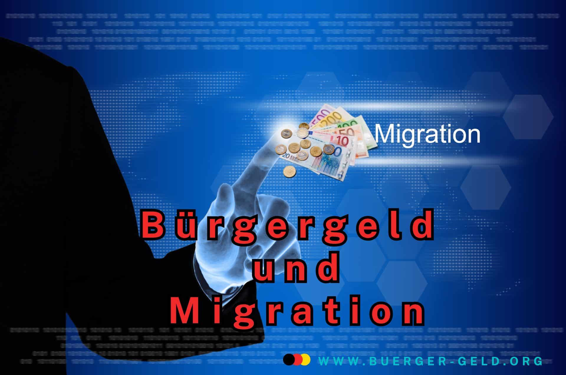 Finger neben dem Wort "Migration" und Geldscheinen