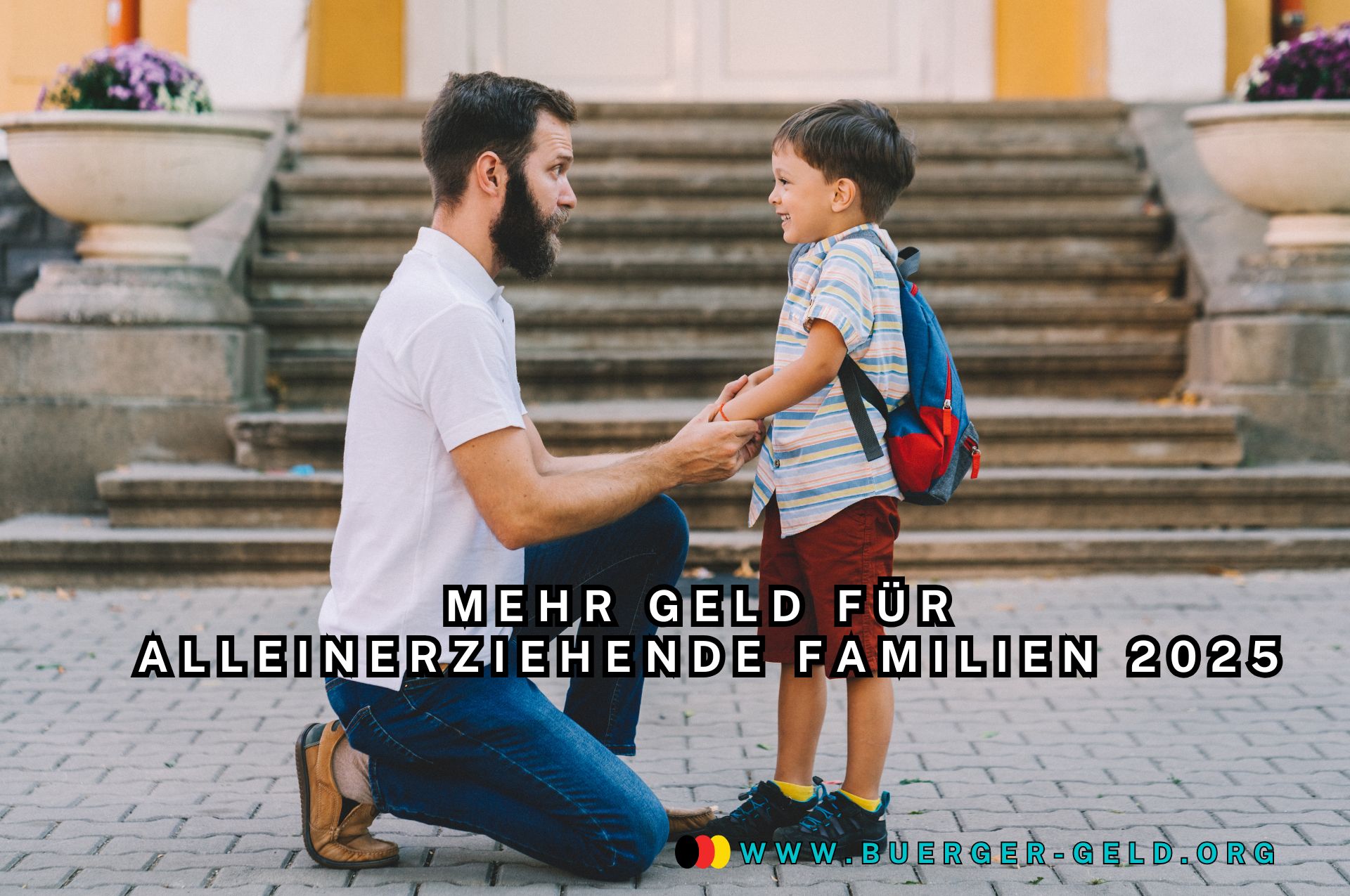 Vater kniet vor Kind mit Schulranzen